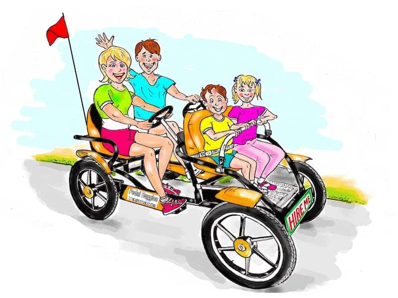 Off Season | A cartoon depiction of a family of four smiling broadly as they pedal along on a pedal buggy. There is a red flag on a stick at the back of the buggy.