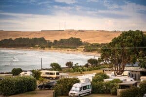 Stanley. Tasmania Caravan Park at dusk.