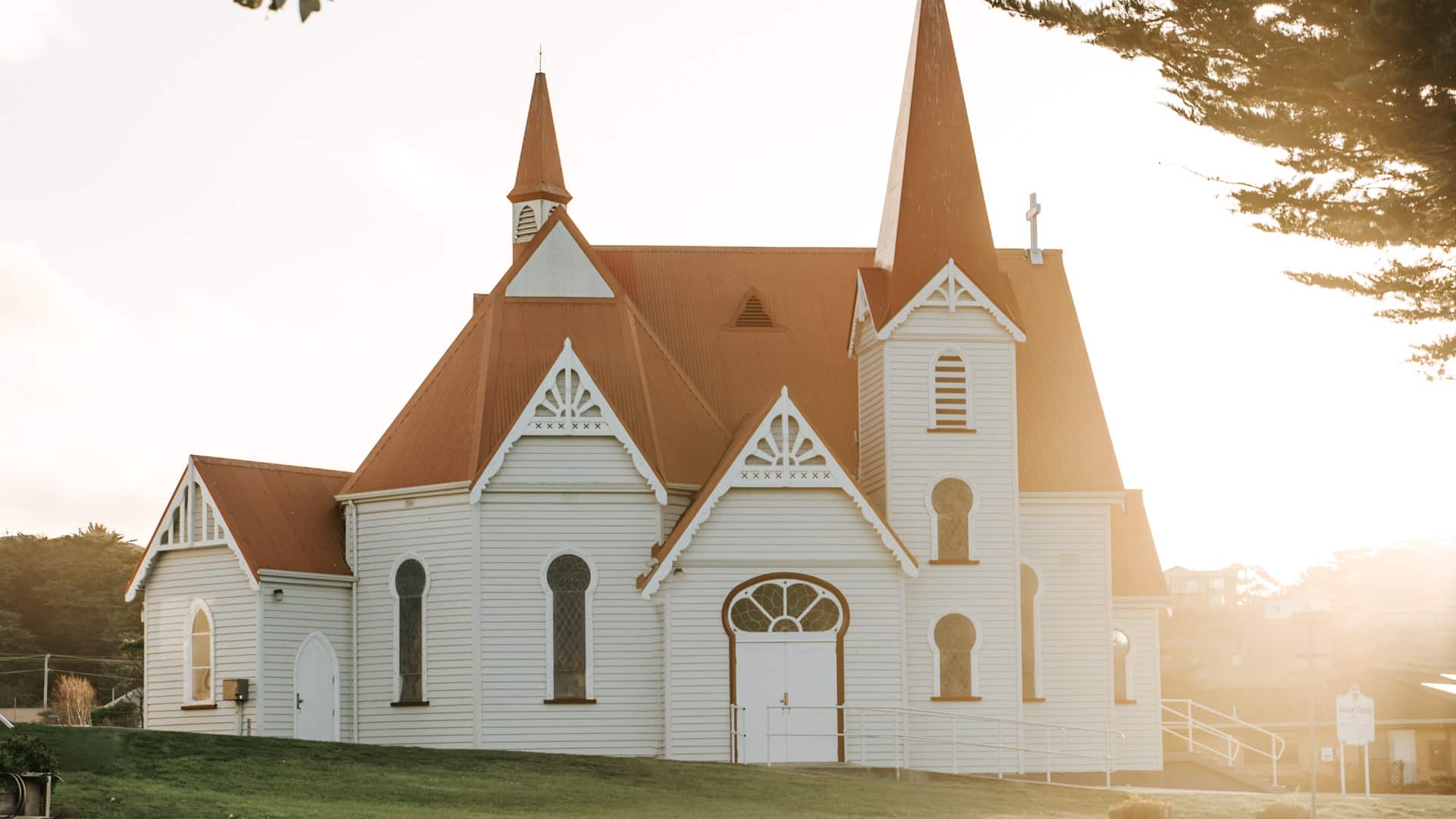 Penguin Church sunlit from behind