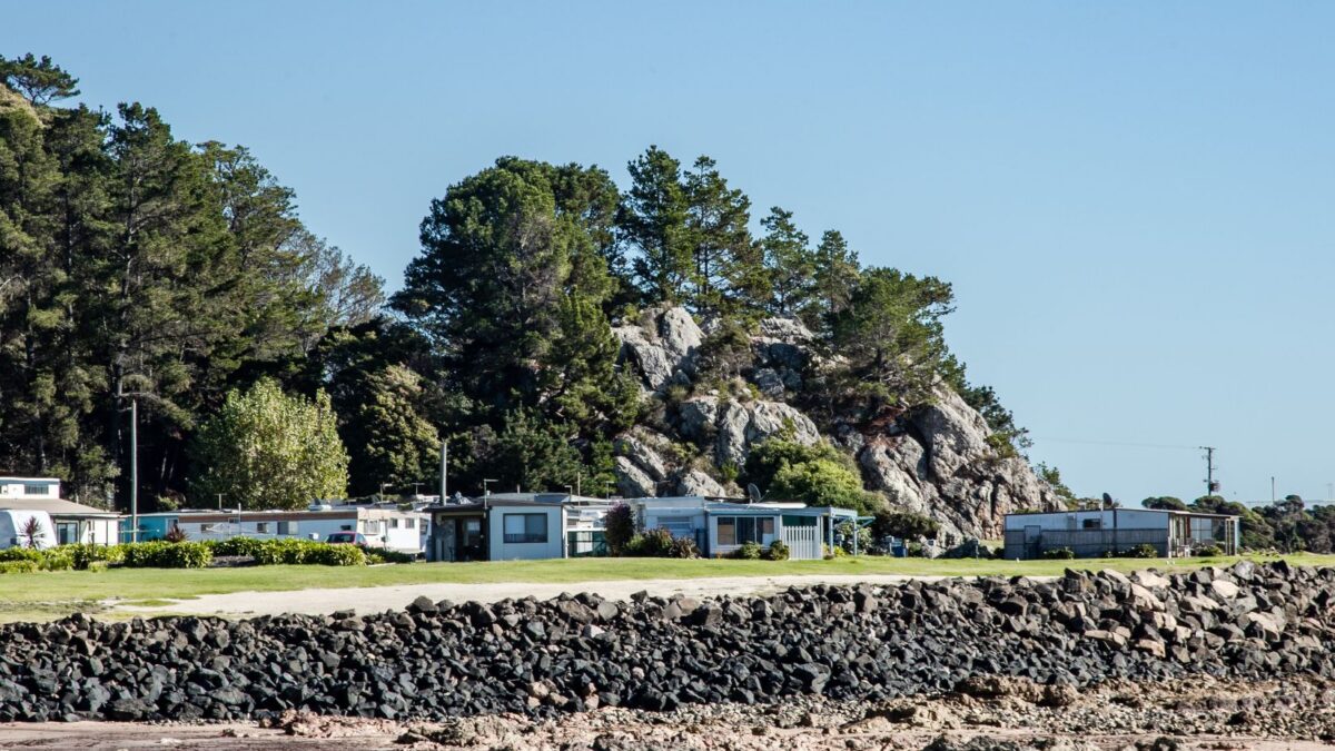Elevated view over Penguin Holiday Park and the coastline in North West Tasmania