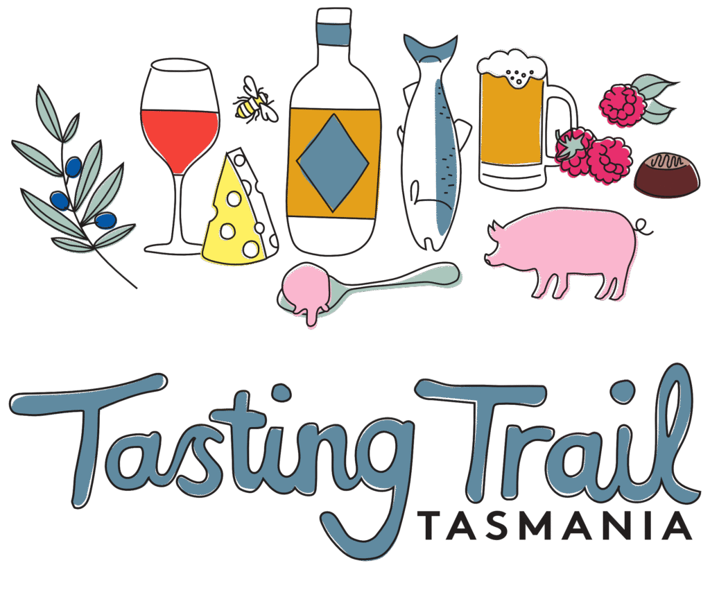 Tasting Trail Tasmania logo, with illustrated wine, cheese, fish, beer and berries