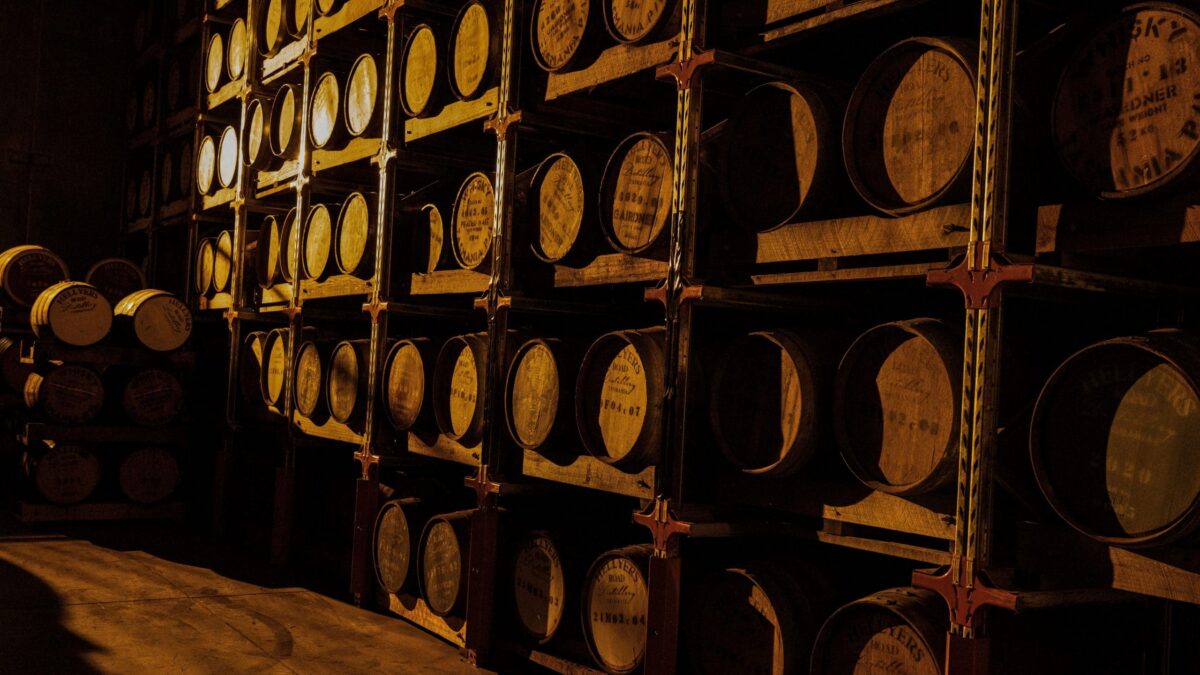 Whisky barrels ageing at Hellyers Road Distillery near Burnie
