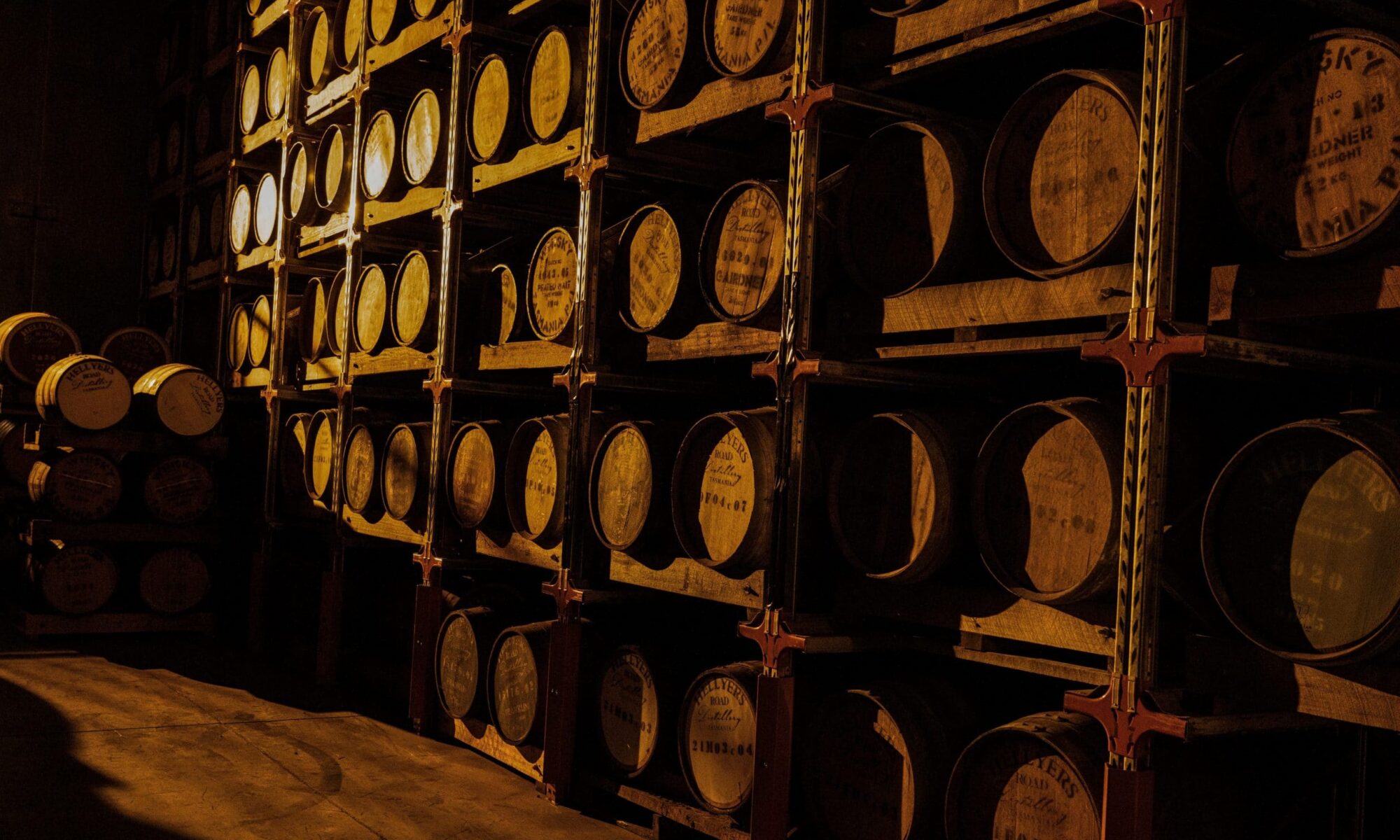 Whisky barrels ageing at Hellyers Road Distillery near Burnie